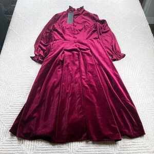 Lai Meng Five Cats Velvet Midi Dress Women's 4 Burgundy Victorian Whimsigoth